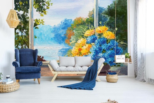 Vlies Fototapete - Gemälde - Blumenstrauß aus blauen Frühlingsblumen 375 x 250 cm